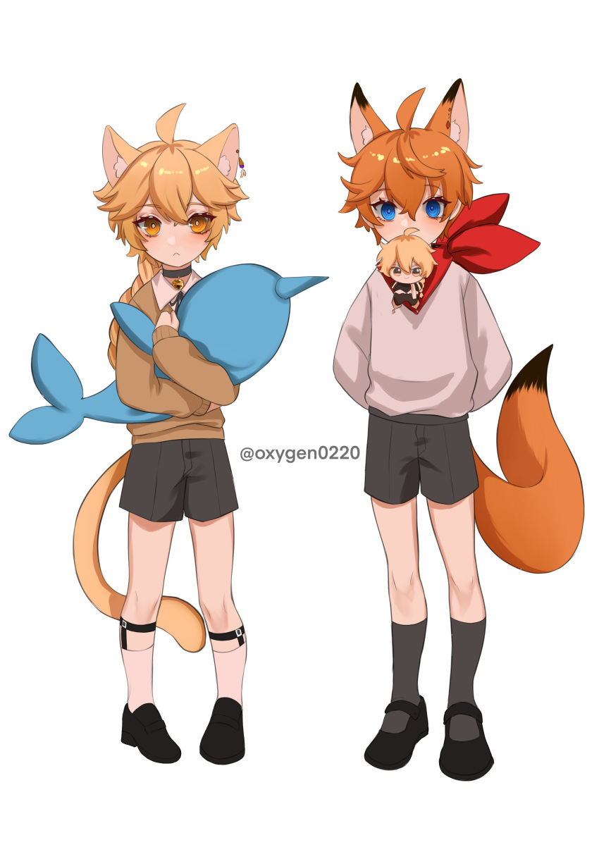 2boys absurdres aether_(genshin_impact) animal_ears bad_link bangs blonde_hair blue_eyes blush braid cat_ears cat_tail clothes doll english_text fox_ears fox_tail genshin_impact hair_between_eyes hair_ornament highres kemonomimi_mode long_hair long_sleeves mouth_hold multiple_boys open_mouth orange_hair oxygen scarf single_braid tail tartaglia_(genshin_impact) twitter_username yellow_eyes