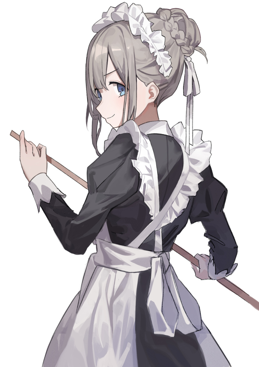 1girl alternate_costume apron blue_eyes enmaided from_side grey_hair hair_braid hair_bun hair_ribbon haruyuki_(gffewuoutgblubh) highres holding holding_stick idolmaster idolmaster_shiny_colors long_sleeves looking_at_viewer looking_to_the_side maid maid_apron maid_headdress ribbon serizawa_asahi sidelocks simple_background smile solo stick white_background white_ribbon