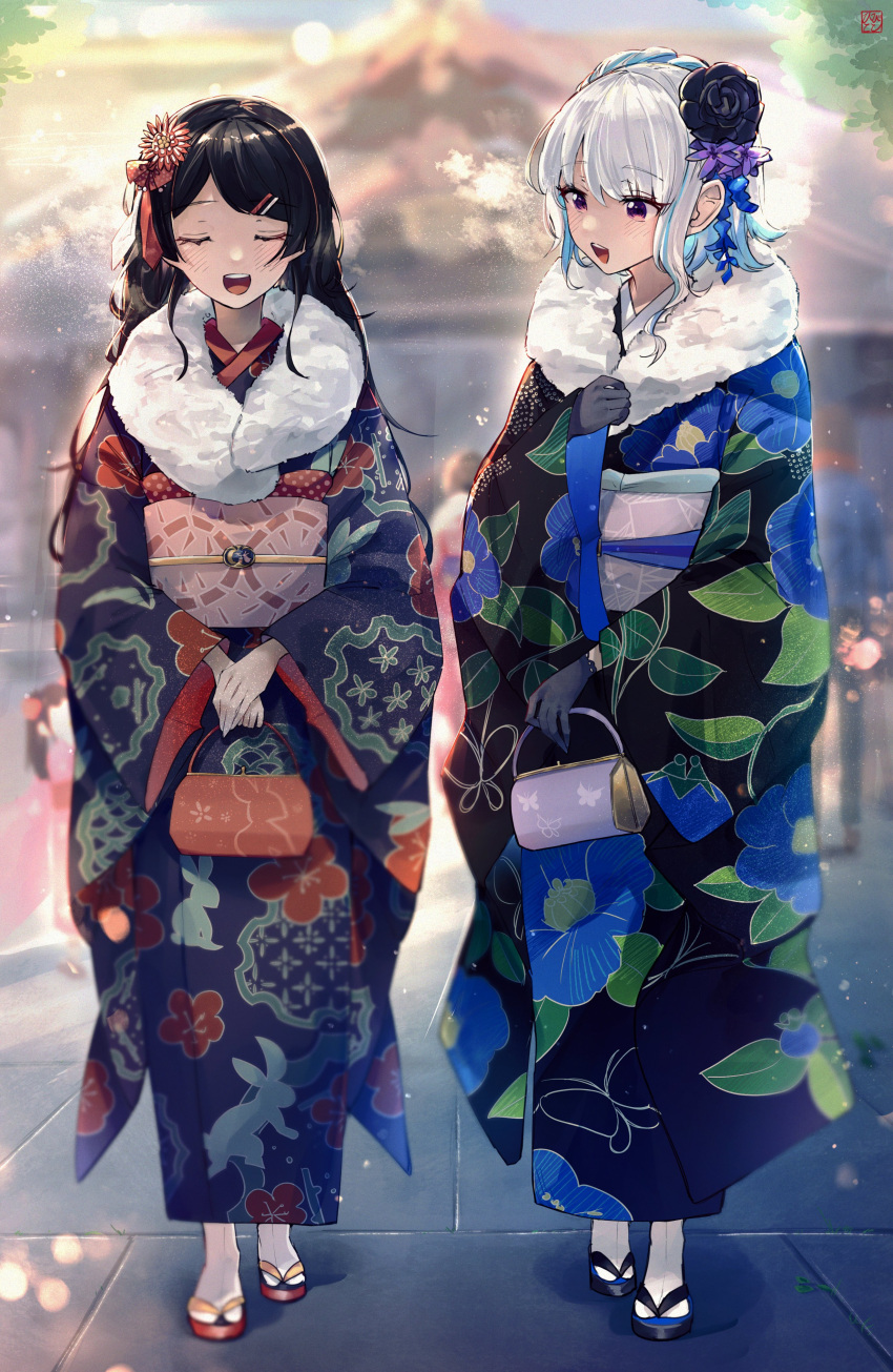 2girls absurdres bangs black_flower black_hair black_kimono blue_hair closed_eyes colored_inner_hair eyebrows_visible_through_hair flower fur_scarf hair_behind_ear hair_flower hair_ornament highres japanese_clothes kimono lize_helesta multicolored_hair multiple_girls nijisanji obi open_mouth people_hitobito sash silver_hair smile tsukino_mito virtual_youtuber walking