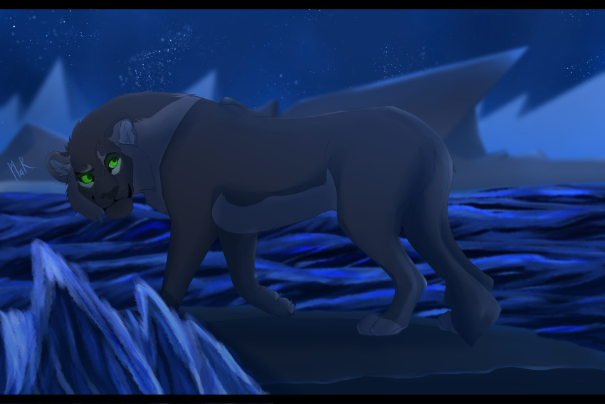 adultart beach bigcat disney fan_character felid feline female feral full-length_portrait hi_res light lion mafdet mammal marmenuar moonlight night pantherine person_(character) portrait rock sea seaside sky solo star starry_sky the_lion_king water wave