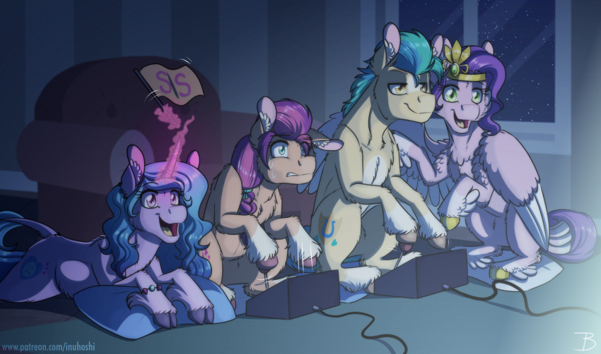 armchair chair circlet controller controller_on_ground earth_pony equid equine flag fluffy furniture hasbro headpiece hi_res hitch_trailblazer_(mlp) horse inuhoshi-to-darkpen izzy_moonbow_(mlp) mammal mlp_g5 my_little_pony night pegasus pillow pipp_petals_(mlp) pony sitting star sunny_starscout_(mlp) window wings