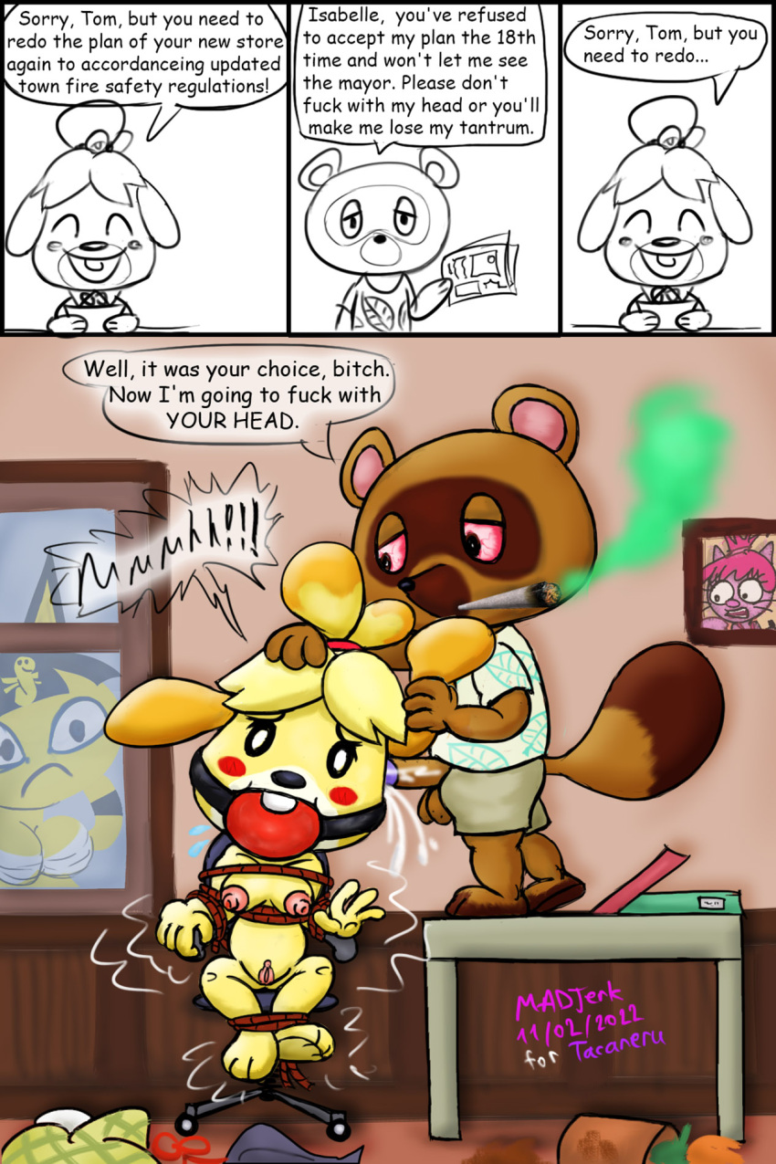 animal_crossing ankha_(animal_crossing) anthro ball_gag balls bandage bdsm being_watched big_breasts blonde_hair bloodshot_eyes blue_hair bondage bottomwear bound breasts canid canine canis chair clothed clothed/nude clothed_male_nude_female clothing comic cum_in_ear dialogue dialogue_box domestic_cat domestic_dog drugs ear_penetration felid feline felis female forced fur furniture gag genitals group hair hi_res isabelle_(animal_crossing) looking_at_another madjerk male male/female mammal marijuana mindfuck muffled nintendo nipples nude penetration penis pink_body pink_fur pink_hair pussy raccoon_dog rape restraints rope rope_bondage shih_tzu shorts slave_kitty_(madjerk) smoking table tanuki text tom_nook_(animal_crossing) toy_dog video_games vulgar window yellow_body yellow_fur