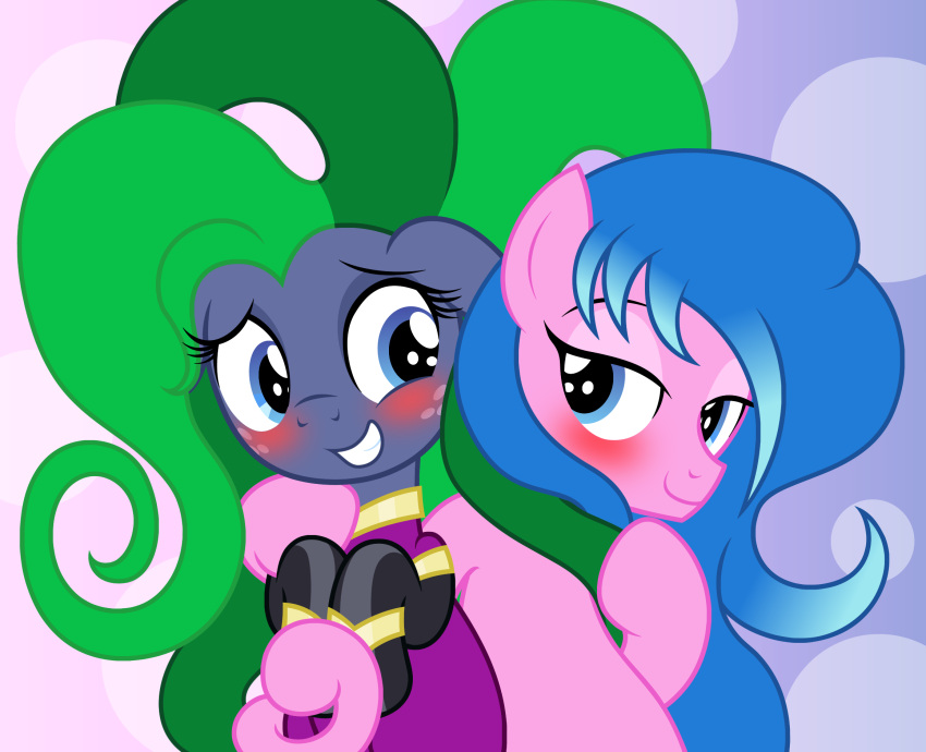 badumsquish blue_eyes blue_hair blush clothed clothing cosplay crossdressing crossplay duo female fish freckles friendship_is_magic green_hair hair hi_res male male/male mane-iac_(mlp) marine my_little_pony seahorse skinsuit star_tracker_(mlp) syngnathid syngnathiform tight_clothing
