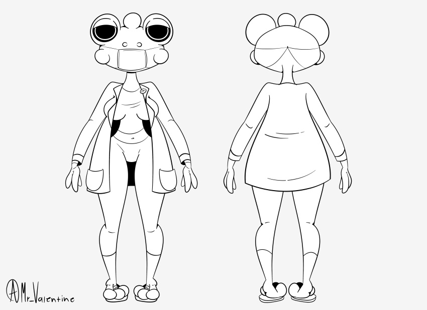 absurd_res amphibian anthro big_eyes black_eyes clothed clothing coat doctor face_mask female flip_flops footwear frog glands half-closed_eyes hi_res model_sheet monochrome mr_valentine00 narrowed_eyes sandals skinny skinny_female solo taller_female topwear