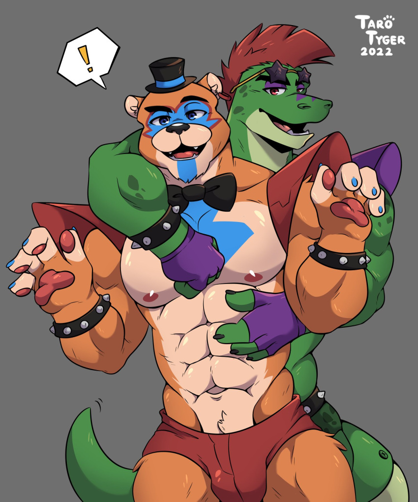 2022 abs alligator alligatorid anthro anthro_on_anthro belt big_muscles bow_tie bracelet bulge claws clothing crocodilian dialogue_box duo ear_piercing ear_ring embrace exclamation_point eyebrows eyewear eyewear_on_head facial_markings fingerless_gloves five_nights_at_freddy's five_nights_at_freddy's:_security_breach fur glamrock_freddy_(fnaf) gloves grey_background handwear hat head_markings headgear headwear hi_res jewelry looking_at_viewer male male/male mammal markings mohawk montgomery_gator_(fnaf) muscular muscular_anthro muscular_male navel nipples open_mouth open_smile pawpads pecs piercing reptile scalie scottgames shoulder_pads signature simple_background smile spiked_belt spiked_bracelet spikes standing sunglasses sunglasses_on_head tarotyger teeth tongue top_hat tuft underwear ursid video_games