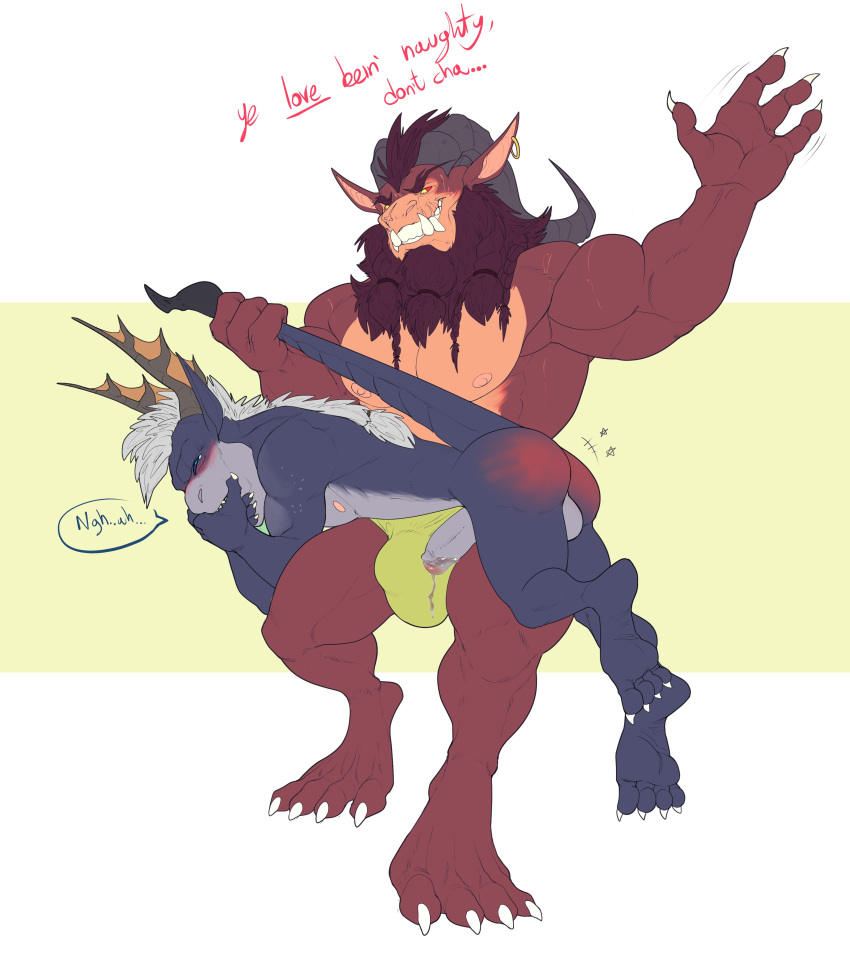 2022 2_horns 4_fingers 4_toes absurd_res animal_legs anthro anthro_on_anthro balls barefoot belly big_bulge big_horn big_muscles black_sclera black_tail blue_eyes blue_text blush bodily_fluids bottomwear braided_beard bristol bulge butt claws clothed clothed/nude clothed_anthro clothed_male clothed_male_nude_male clothing colored covering covering_mouth curved_horn dark_horn dialogue digital_drawing_(artwork) digital_media_(artwork) digitigrade draken dripping duo ear_piercing ear_ring english_text erection eyebrows fangs feet fingers flat_colors foreskin front_view full-length_portrait fur genital_fluids genitals glans gold_(metal) gold_jewelry gold_ring green_speedo grey_arms grey_back grey_balls grey_belly grey_body grey_butt grey_chest grey_ears grey_face grey_feet grey_fingers grey_hands grey_horn grey_inner_ear grey_legs grey_neck grey_penis grey_scales grey_tail grey_toes head_horn hi_res horn huge_muscles huge_pecs humanoid_genitalia humanoid_hands humanoid_penis jewelry larger_anthro larger_male male male/male male_anthro manly membrane_(anatomy) moan multicolored_body multicolored_penis multicolored_scales muscle_size_difference muscular muscular_anthro muscular_male nipples nude nude_anthro nude_male open_mouth open_smile partially_retracted_foreskin penis piercing pink_glans pink_nipples pink_penis portrait precum precum_drip pseudo_hair red_arms red_beard red_body red_ears red_eyebrows red_face red_fingers red_fur red_hands red_legs red_scales red_sclera red_text red_toes scales scalie simple_background sitting size_difference skimpy smaller_anthro smaller_male smile spanking speech_bubble speedo_only star_symbol tail_grab tail_pull tan_belly tan_body tan_chest tan_face tan_inner_ear tan_membrane tan_scales text tight_bottomwear tight_clothing tight_speedo toes topless topless_anthro topless_male transparent_speech_bubble two_tone_body two_tone_face two_tone_penis two_tone_scales two_tone_tail white_background white_body white_claws white_fur white_pseudo_hair wildstar yellow_background yellow_eyes