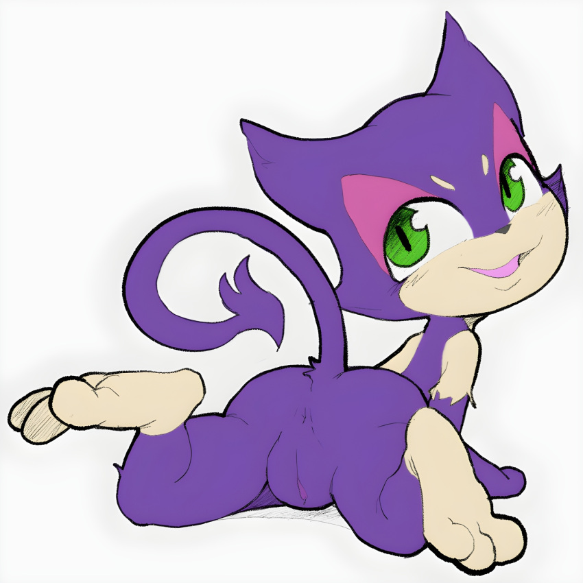 1:1 anthro anus felid feline female game_(disambiguation) genitals grin hi_res itsunknownanon looking_back mammal nintendo nude pok&eacute;mon pok&eacute;mon_(species) purrloin pussy rear_view smile solo video_games