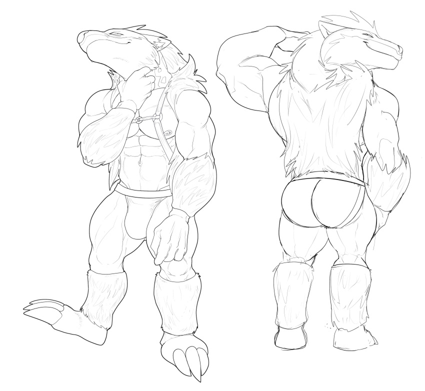 2022 3_toes 5_fingers abs absurd_res anthro arm_tuft barefoot big_abs big_biceps big_deltoids big_hamstrings big_muscles big_pecs big_quads big_triceps black_and_white bristol bulge butt closed_smile clothed clothed_anthro clothed_male clothing deltoids digital_drawing_(artwork) digital_media_(artwork) ear_tuft fan_character feet fingers front_view full-length_portrait fur fur_tuft hamstrings head_tuft hi_res humanoid_hands jockstrap jockstrap_only male male_anthro mammal monochrome muscular muscular_anthro muscular_male navel nintendo obstagoon pecs plantigrade pok&eacute;mon pok&eacute;mon_(species) pok&eacute;morph portrait rear_view simple_background skimpy solo standing toes topless topless_anthro topless_male triceps tuft underwear video_games white_background