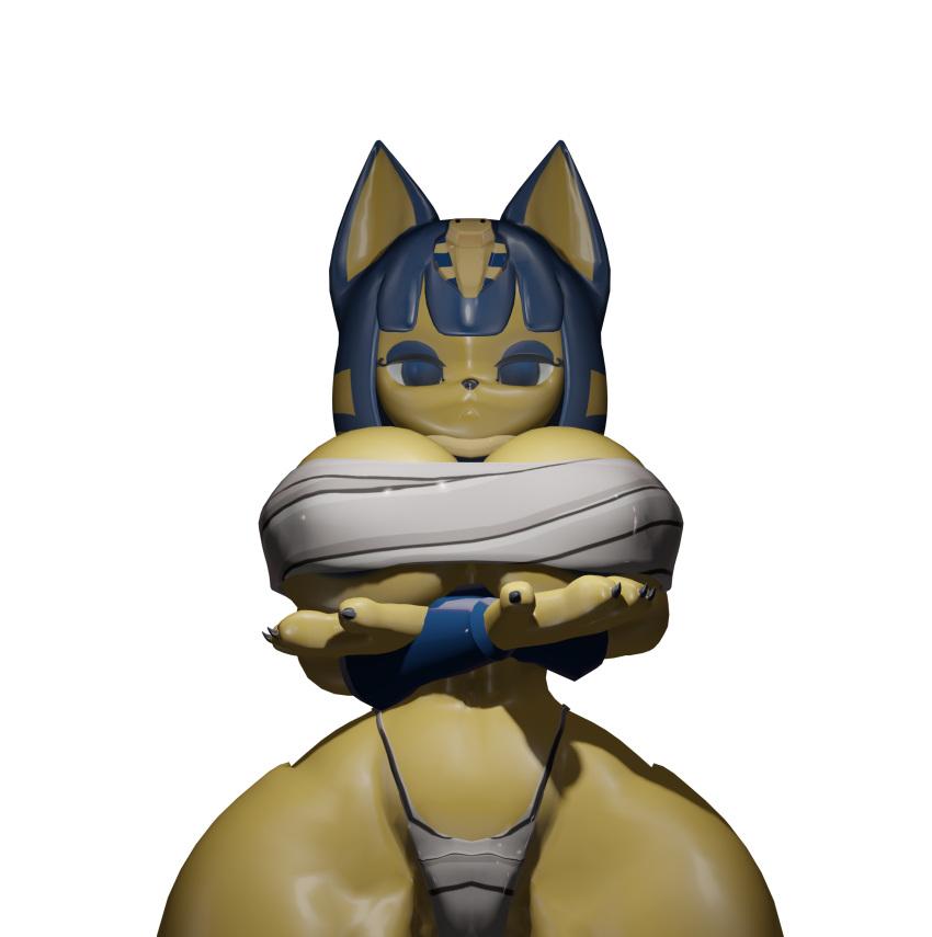 3d_(artwork) absurd_res accessory animal_crossing ankha_(animal_crossing) anthro bandaged_chest big_breasts blue_clothing blue_eyes blue_hair blue_handwear breasts claws clothing digital_media_(artwork) felid feline female hair hair_accessory handwear hi_res holding_breast mammal nintendo prykez solo thong underwear video_games