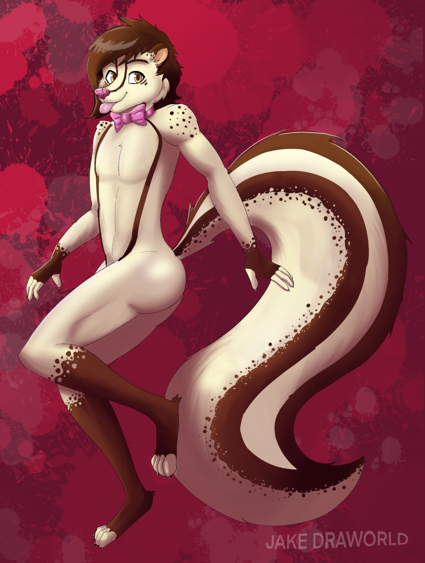 absurd_res anthro brown_hair butt girly hair hi_res long_tail male mammal mephitid paws pink_nose skunk solo tiramisu_(deal_zoddito_acrost)