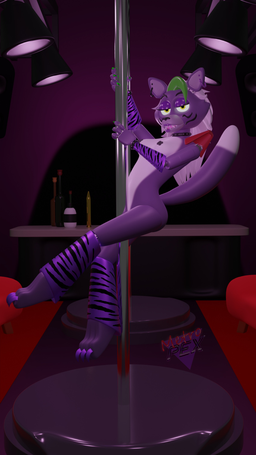3_toes 3d_(artwork) 4_fingers 9:16 absurd_res alcohol animatronic anthro belt beverage bracelet canid canine canis claws collar dancing digital_media_(artwork) dildo ear_piercing ear_ring eyebrows feet female finger_claws fingers five_nights_at_freddy's five_nights_at_freddy's:_security_breach fur furniture green_claws hi_res highlights_(coloring) humanoid jewelry light_fixture lips lipstick lube_bottle machine makeup mammal metropex pasties paws piercing pole pole_dancing purple_body purple_claws purple_fur robot roxanne_wolf_(fnaf) scottgames sex_toy sharp_teeth shoulder_pads sofa solo speaker spiked_belt spiked_bracelet spiked_collar spikes strip_club stripper_pole teeth tiger_stripes toe_claws toes video_games white_body white_fur wine wolf yellow_eyes