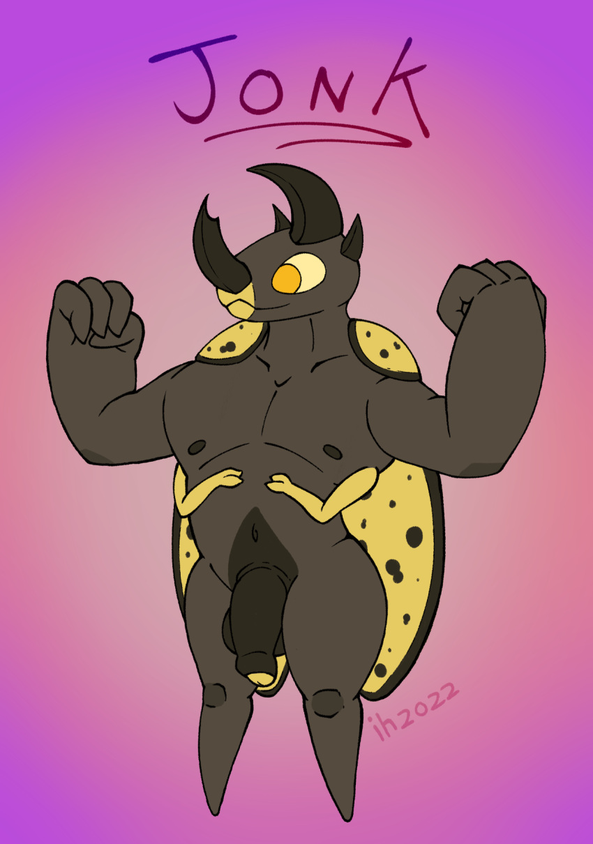 4_arms anthro arthropod balls beetle big_arms big_balls big_dick_energy big_penis body_hair flaccid flexing flexing_bicep flexing_both_biceps genitals happy_trail hercules_beetle hi_res himbo horn impishhyena insect jonk_(impishhyena) male multi_arm multi_limb muscular nipples nude penis rhinoceros_beetle scarabaeid small_arms solo tapering_horn thick_thighs wings yellow_eyes yellow_penis