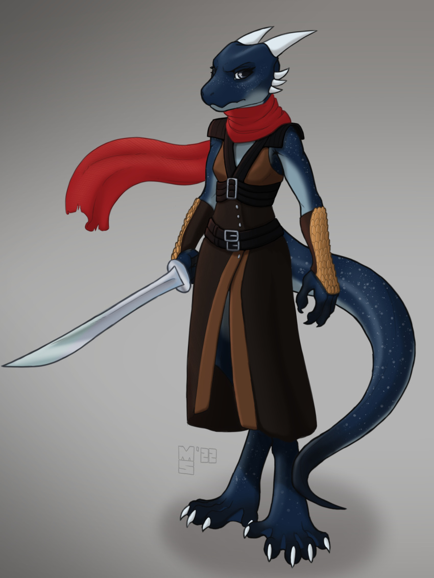 2022 2_horns 4_fingers 5_toes absurd_res anthro armor artist_logo big_tail biped black_belt black_claws blue_body blue_eyes blue_scales breasts brown_clothing brown_dress claws clothed clothing countershade_arms countershade_face countershade_neck countershade_scales countershade_tail countershade_torso countershading dated digital_drawing_(artwork) digital_media_(artwork) digitigrade dress eyelashes feet female finger_claws fingers front_view frown fully_clothed grey_background hi_res holding_object holding_sword holding_weapon horn kobold light light_body light_countershading lighting logo long_tail looking_at_viewer melee_weapon membrane_(anatomy) minnosimmins non-mammal_breasts red_scarf scales scalie scarf shaded shadow simple_background small_breasts snout soft_shading solo standing sword thick_tail toe_claws toes vambraces weapon webbed_feet white_claws white_horn