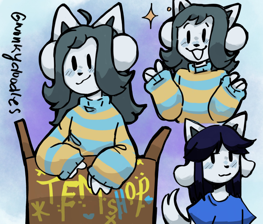 absurd_res ambiguous_gender anthro blush bob_(undertale) canid canine clothed clothing felid feline fur hair happy hi_res long_sleeve_shirt long_sleeves mammal open_mouth shirt simple_background tem temmie_(undertale) text topwear undertale undertale_(series) video_games white_body wonkydoodles