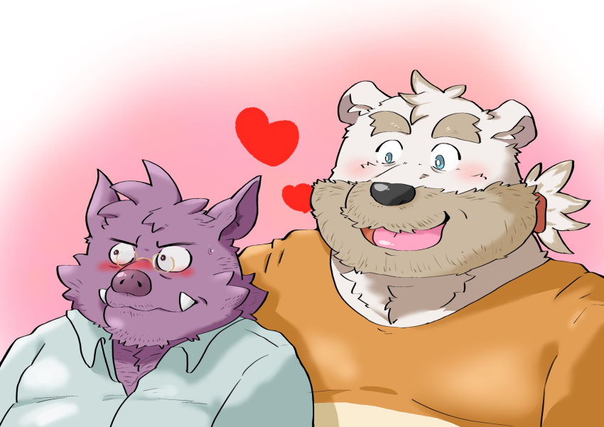 &lt;3 2022 anthro black_nose blush clothing duo eyewear glasses hi_res kemono male male/male mammal overweight overweight_male polar_bear purple_body shirt suid suina sus_(pig) topwear ursid ursine wild_boar yanununununu