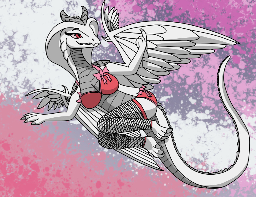2022 2_horns 4_fingers 4_toes abstract_background albino anthro beckoning bedroom_eyes belly_scales big_breasts big_tail biped bow_bra bow_panties bow_ribbon bra breasts cel_shading claws cleavage clothed clothing digital_drawing_(artwork) digital_media_(artwork) dragon eyebrows eyelashes fangs feathered_wings feathers feet female finger_claws fingers fishnet fishnet_legwear gesture grey_body grey_claws grey_horn grey_scales hi_res horn legwear lingerie long_tail lying membrane_(anatomy) multicolored_body multicolored_scales narrowed_eyes non-mammal_breasts on_side panties pink_bra pink_clothing pink_lingerie pink_panties pink_sclera pink_underwear pinup plantigrade pose pupils red_eyes rhp scales scalie seductive selena_illyana shaded simple_background slit_pupils smile snake_hood snout solo tail_ridge teeth thick_tail toe_claws toes two_tone_body two_tone_scales underwear western_dragon white_body white_feathers white_scales wing_claws wings
