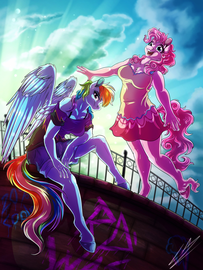 absurd_res anthro anthrofied blue_eyes bottomwear chest_tuft clothing duo earth_pony equid equine female friendship_is_magic hasbro hi_res hooves horse looking_at_viewer lupiarts mammal my_little_pony pegasus pinkie_pie_(mlp) pony rainbow_dash_(mlp) shorts sitting sun_rays tuft wings