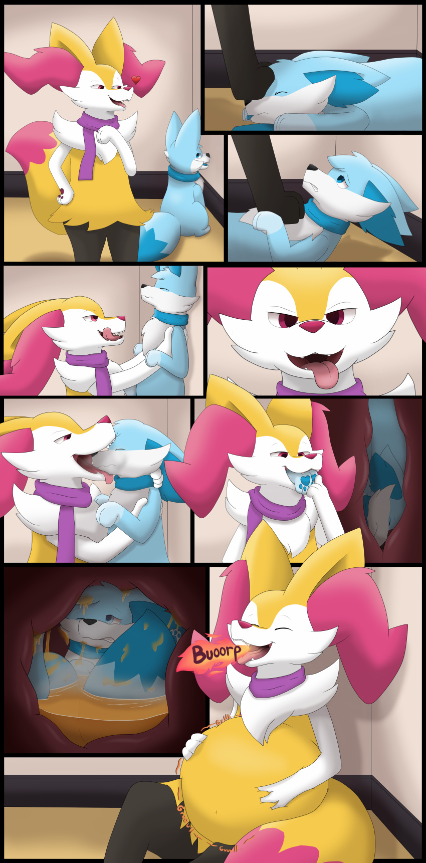 absurd_res anthro belly blueflarefox1 braixen burping damien duo fennekin feral frost_(frostyfennekin) hi_res hungry male male/male nintendo pok&eacute;mon pok&eacute;mon_(species) swallowing video_games vore