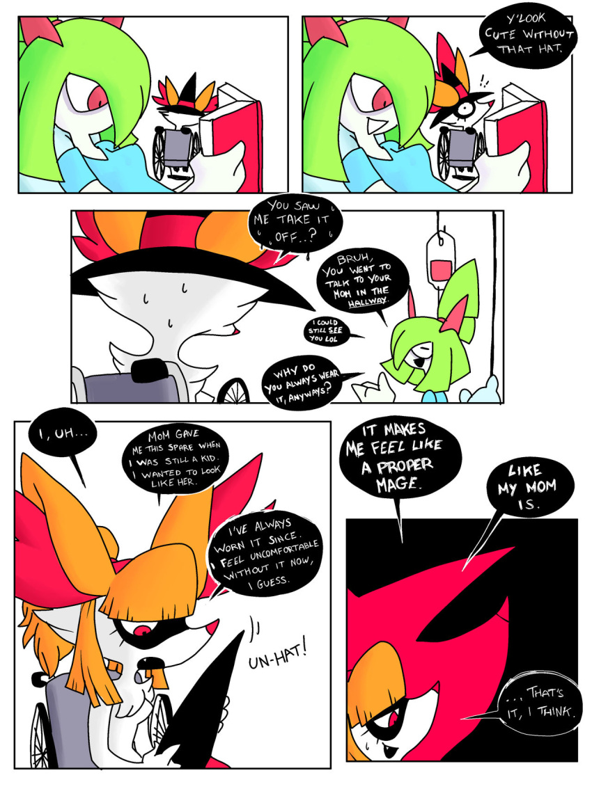 anthro book braixen clothing comic dialogue duo english_text female hat headgear headwear hi_res intravenous kirlia nervous_sweat nintendo pok&eacute;mon pok&eacute;mon_(species) ponporio_(artist) reading reading_book red_eyes text video_games wheelchair witch_hat