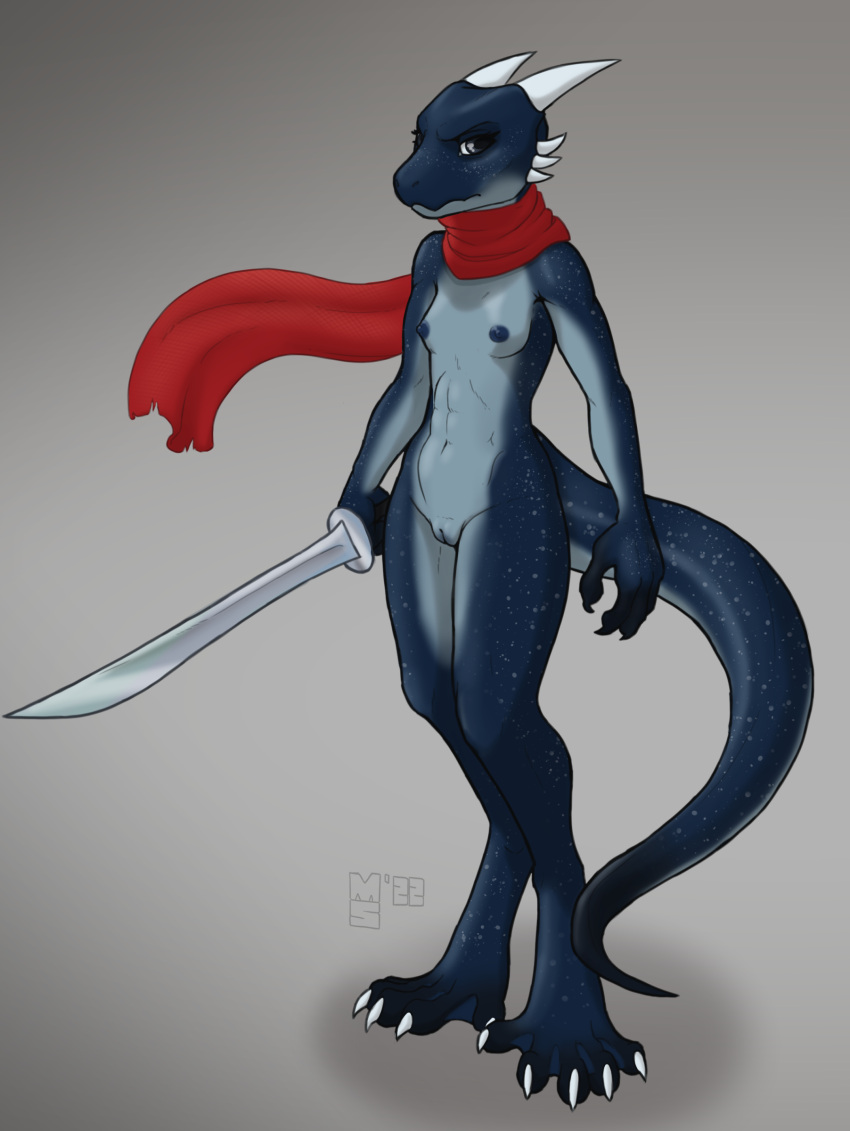 2022 2_horns 4_fingers 5_toes abs absurd_res anthro areola artist_logo big_tail biped black_claws blue_areola blue_body blue_eyes blue_nipples blue_scales breasts claws countershade_arms countershade_breasts countershade_face countershade_legs countershade_neck countershade_scales countershade_tail countershade_torso countershading dated digital_drawing_(artwork) digital_media_(artwork) digitigrade eyelashes feet female finger_claws fingers front_view frown genitals grey_background hi_res holding_object holding_sword holding_weapon horn kobold light light_body light_countershading lighting logo long_tail looking_at_viewer melee_weapon membrane_(anatomy) minnosimmins mostly_nude navel nipples non-mammal_breasts non-mammal_navel pussy red_scarf scales scalie scarf scarf_only shaded shadow simple_background small_breasts snout soft_shading solo standing sword thick_tail toe_claws toes weapon webbed_feet white_claws white_horn