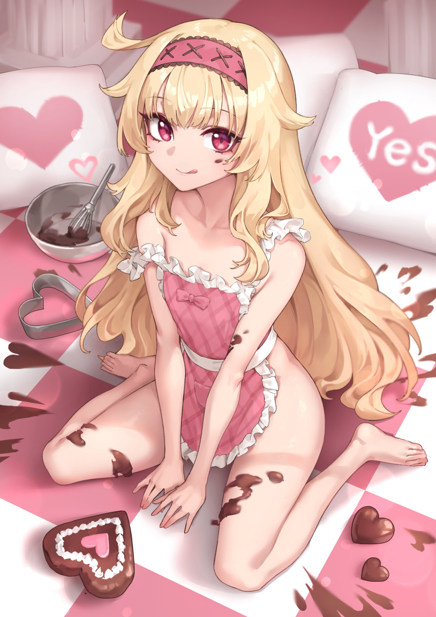 1girl :q absurdres apron bare_arms bare_shoulders between_legs blonde_hair candy chocolate closed_mouth food frilled_apron frills hairband heart heart-shaped_chocolate highres little_witch_nobeta long_hair looking_at_viewer naked_apron naughty_face nobeta oopartz_yang pink_apron red_eyes sitting smile solo strap_slip thighs tongue tongue_out very_long_hair wariza whisk