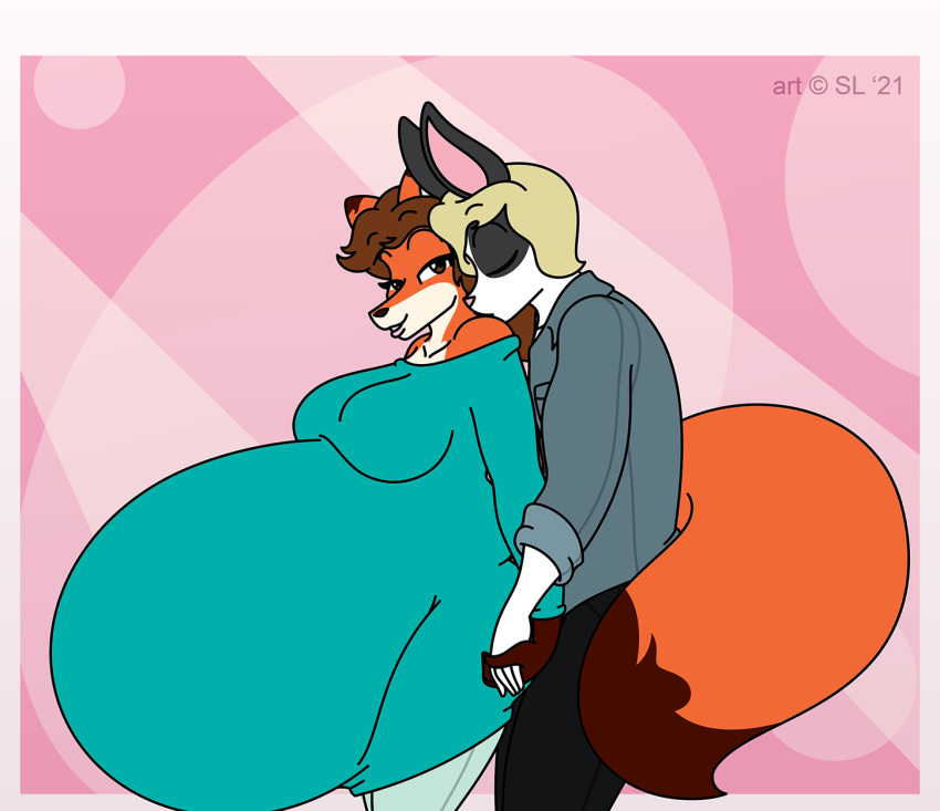 2021 anthro ashley_(satsumalord) belly big_belly big_breasts bottomwear breasts brown_eyes brown_hair canid canine clothing digital_media_(artwork) dress_shirt duo eyes_closed female fox fur hair hi_res hyper hyper_belly hyper_pregnancy kissing lagomorph leporid long_sleeve_shirt male mammal multicolored_body multicolored_fur neil_(satsumalord) pants pregnant pregnant_female rabbit satsumalord shirt topwear two_tone_body two_tone_fur