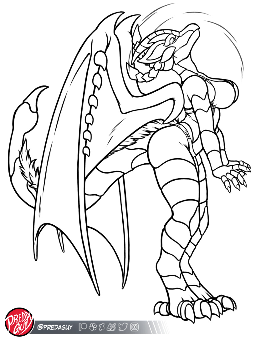 2022 5_fingers anthro artist_logo avian_feet big_breasts big_tail biped black_and_white bouncing_breasts bra breasts capcom claws clothed clothing digital_drawing_(artwork) digital_media_(artwork) digitigrade dragon eyes_closed female finger_claws fingers fully_clothed hi_res horn humanoid_hands line_art logo long_tail membrane_(anatomy) membranous_wings monochrome monster_hunter motion_lines non-mammal_breasts panties predaguy rath_wyvern rathian scales scalie side_view simple_background smile snout solo stinger_(anatomy) tail_mane thick_tail toe_claws underwear underwear_only video_games western_dragon white_background wing_claws wings