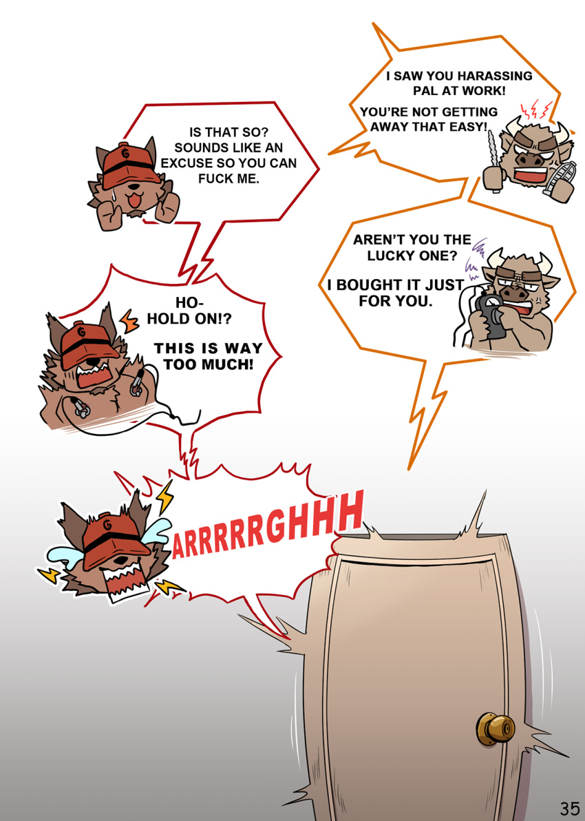 anthro boss_(gym_pals) bovid bovine canid canine canis cattle clothing comic door electrostimulation gym_pals h155296 hat headgear headwear hi_res male mammal manager_(gym_pals) nipple_clamp sounding_rod wolf