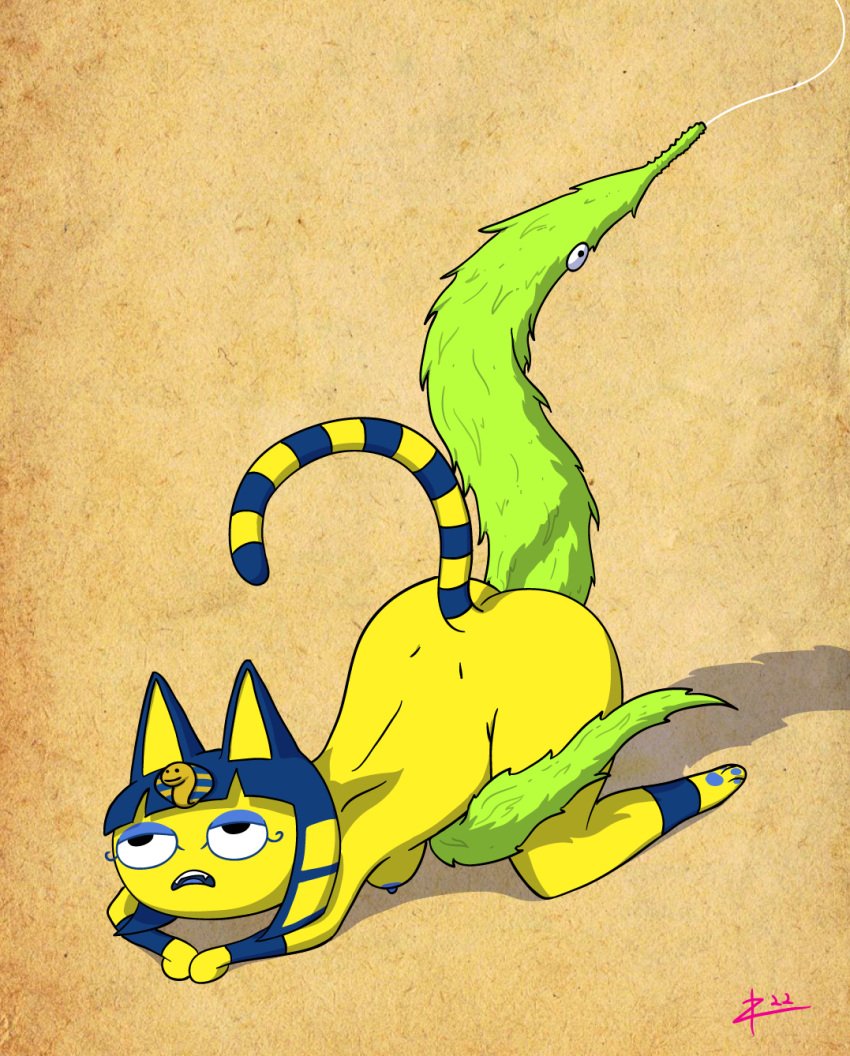 2022 animal_crossing ankha_(animal_crossing) anthro anthro_on_feral bestiality blue_hair digital_drawing_(artwork) digital_media_(artwork) doggystyle domestic_cat felid feline felis female female_on_feral feral from_behind_position fur green_body green_fur hair hi_res male male/female mammal markings nintendo nude sex signature simple_background squirmle striped_markings striped_tail stripes tail_markings textured_background video_games yellow_body yellow_fur zigmenthotep