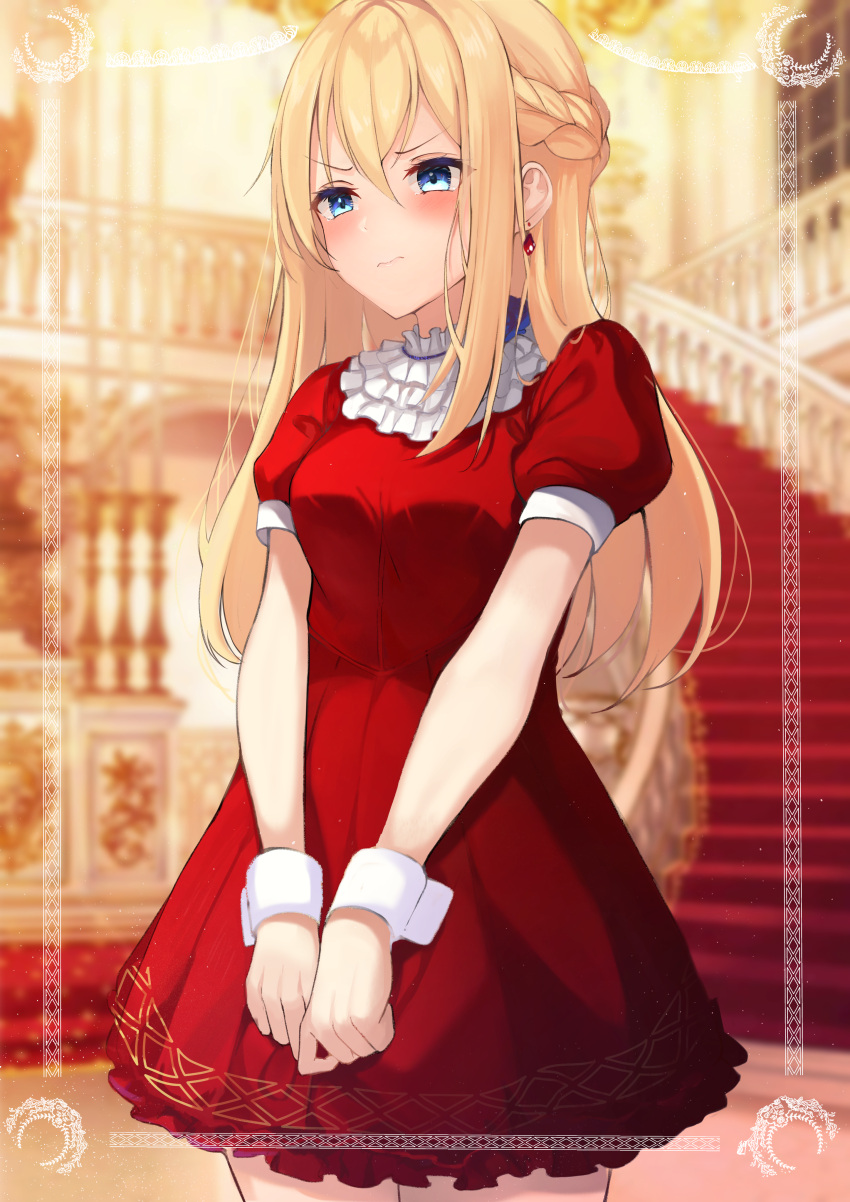 1girl absurdres annoyed blonde_hair blue_eyes blurry blurry_background blush border braid breasts closed_mouth collar cowboy_shot dress earrings french_braid frilled_collar frills frown hair_between_eyes highres indoors jewelry long_hair looking_ahead mansion medium_breasts nao_(okt8538) original pouty_lips puffy_short_sleeves puffy_sleeves red_dress short_dress short_sleeves sidelocks solo v_arms wrist_cuffs