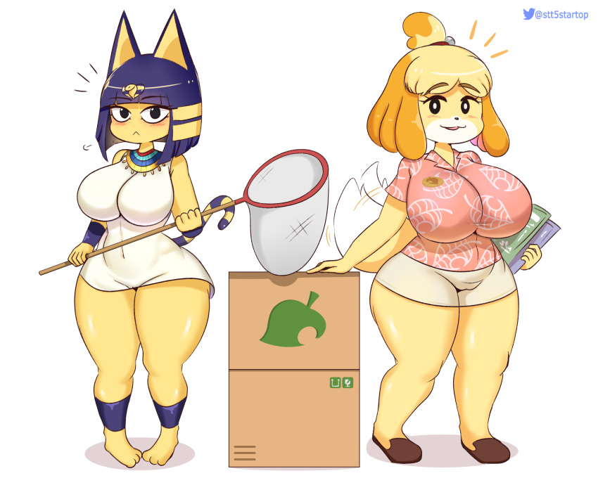 5:4 animal_crossing ankha_(animal_crossing) anthro big_breasts blush breasts camel_toe canid canine canis clothing domestic_cat domestic_dog dress duo felid feline felis female hi_res isabelle_(animal_crossing) mammal nintendo shih_tzu shirt simple_background startop tail_motion tailwag topwear toy_dog video_games white_background
