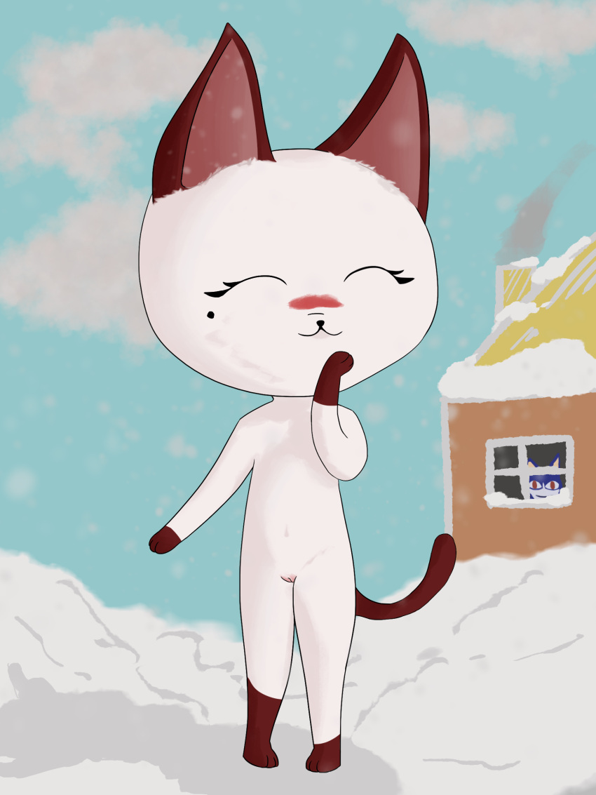 3:4 absurd_res animal_crossing anthro blush cat_ear cat_tail domestic_cat embarrassed exhibitionism eyes_closed felid feline felis female genitals hi_res humanoid mammal markings mole_(marking) nintendo olivia_(animal_crossing) pussy rover_(animal_crossing) snow solo video_games winter