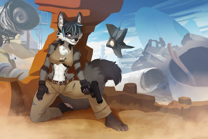 absurd_res anthro barefoot belt black_nose blue_hair bottomwear breasts canid canine chest_tuft claws clothed clothing cloud collaboration detailed_background digital_media_(artwork) dog_tags feet female finger_claws fur grey_body grey_fur grey_hair gun hagane_ari hair handgun hi_res hindpaw holding_gun holding_handgun holding_object holding_pistol holding_weapon inner_ear_fluff iskra kneeling kyla_gray_(zardoseus) mammal markings multicolored_hair outside pants paws pistol post-apocalyptic purple_claws purple_eyes ranged_weapon shaded sky solo striped_markings stripes toe_claws topwear torn_clothing tuft two_tone_hair weapon white_inner_ear_fluff
