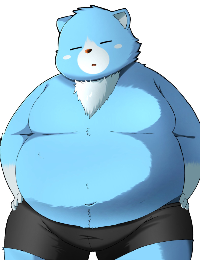 2022 anthro belly big_belly blue_body bottomwear clothing hi_res kemono male mammal moobs moosh navel nintendo oracle_of_ages oracle_of_seasons overweight overweight_male shorts simple_background solo the_legend_of_zelda trail_arnak ursid video_games white_body