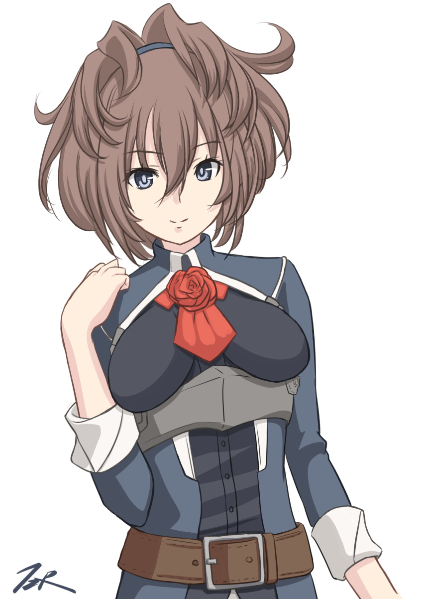 1girl ascot blue_eyes breasts brown_hair commentary_request flower highres kantai_collection long_hair looking_at_viewer messy_hair military military_uniform red_ascot red_flower red_rose rose sheffield_(kancolle) simple_background small_breasts smile solo t2r uniform white_background