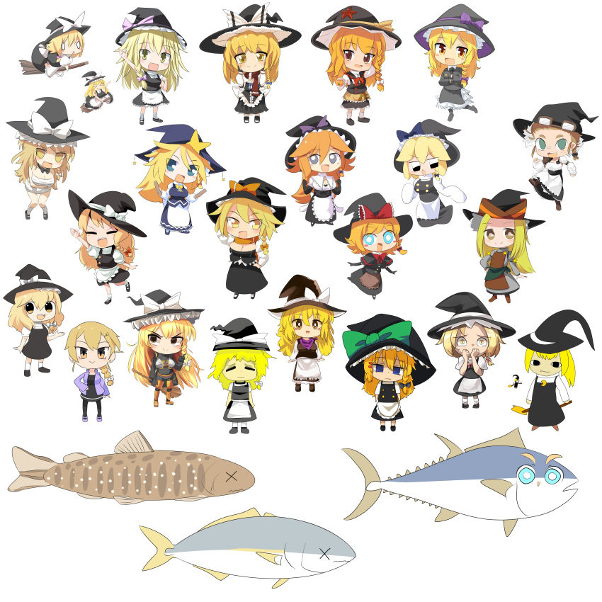 &lt;o&gt;_&lt;o&gt; 6+girls :3 absurdres agucala_(cookie) akane_(cookie) apron azusa_(cookie) bangs black_capelet black_coat black_dress black_eyes black_footwear black_gloves black_headwear black_legwear black_skirt black_vest blonde_hair blue_eyes blush boots bow bowtie braid breasts bright_pupils broom broom_riding brown_eyes capelet character_request chibi cleavage closed_eyes closed_mouth coat commentary_request cookie_(touhou) cosplay dress empty_eyes everyone expressionless eyebrows_visible_through_hair fish frilled_apron frilled_hat frilled_skirt frills frown full_body gloves goggles goggles_on_headwear gogogo_(cookie) gordon_freeman gordon_freeman_(cosplay) green_bow grin hair_bow hair_flaps half-life hat hat_bow hat_ornament higashi_aisu highres ichirou_(cookie) jacket kirisame_marisa koga_(cookie) kohaku_(cookie) large_breasts lets0020 long_hair long_sleeves looking_at_viewer mars_(cookie) mary_janes medium_breasts medium_hair meguru_(cookie) mikami_makoto multiple_girls open_mouth orange_hair orange_scarf pink_bow puffy_short_sleeves puffy_sleeves purple_bandana purple_bow purple_jacket red_bow red_bowtie red_scarf red_star rei_(cookie) ruka_(cookie) sarashi scarf shirt shoes short_hair short_sleeves side_braid simple_background single_braid skirt small_breasts smile socks star_(symbol) star_hat_ornament sugar_(cookie) suzu_(cookie) touhou transparent_background tuna turtleneck uzuki_(cookie) vest waist_apron white_apron white_bow white_legwear white_pupils white_shirt witch_hat yellow_eyes yurina_amado yuuhi_(cookie) zakuro_ishi