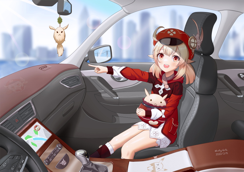 1girl :d ahoge bangs bloomers blurry boots brown_footwear brown_gloves brown_scarf building cabbie_hat car car_interior car_seat chibi clover_print coat commentary_request dashboard depth_of_field dodoco_(genshin_impact) doll_hug eyebrows_visible_through_hair genshin_impact gloves gps ground_vehicle hair_between_eyes hat highres holy_guagua jumpy_dumpty klee_(genshin_impact) light_brown_hair long_hair long_sleeves looking_at_viewer low_twintails mirror motor_vehicle object_hug orange_eyes pocket pointing red_coat red_headwear scarf sidelocks sitting skyline skyscraper smile solo stuffed_animal stuffed_toy thigh_boots thighhighs twintails underwear