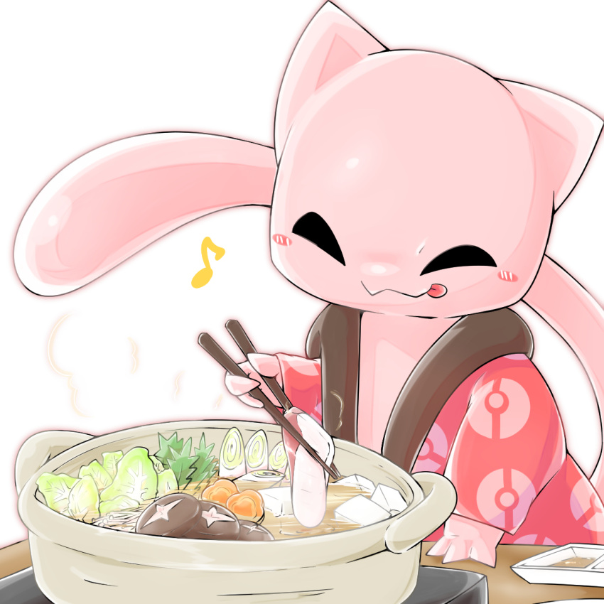 3_fingers ambiguous_gender appliance chaba chopsticks clothed clothed_feral clothing eyes_closed feral fingers food fungus hand_on_table hi_res holding_chopsticks holding_object legendary_pok&eacute;mon lettuce meat mew monotone_body mushroom musical_note nintendo noodles pink_body plant pok&eacute;ball pok&eacute;mon pok&eacute;mon_(species) ramen simple_background solo soup steam stove tongue tongue_out vegetable video_games white_background