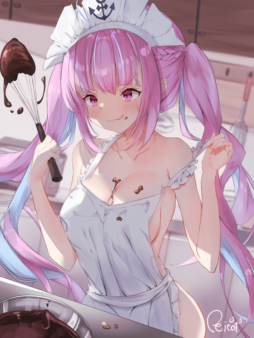 1girl :q absurdres anchor_symbol apron bangs bare_shoulders blurry blurry_background blush bowl breasts chocolate chocolate_making cleavage collarbone commentary_request eyebrows_visible_through_hair food_on_breasts frills hands_up highres holding holding_whisk hololive kitchen large_breasts licking_lips light_blue_hair long_hair maid_headdress microwave minato_aqua multicolored_hair naked_apron pink_eyes pink_hair reitou_mkn signature solo spatula strap_slip streaked_hair sweatdrop tongue tongue_out twintails two-tone_hair v-shaped_eyebrows valentine very_long_hair virtual_youtuber whisk white_apron