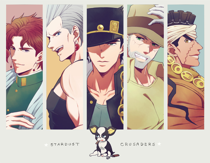 5boys adjusting_clothes adjusting_headwear beard black_hair blue_eyes boston_terrier brown_eyes chain column_lineup dark-skinned_male dark_skin facial_hair fedora flattop gakuran gloves green_eyes grey_hair haruko_(chikadoh) hat headband iggy_(jojo) jean_pierre_polnareff jojo_no_kimyou_na_bouken joseph_joestar joseph_joestar_(old) kakyoin_noriaki kujo_jotaro mohammed_avdol multiple_boys old old_man purple_eyes red_hair scarf school_uniform smile stardust_crusaders stole white_gloves white_scarf