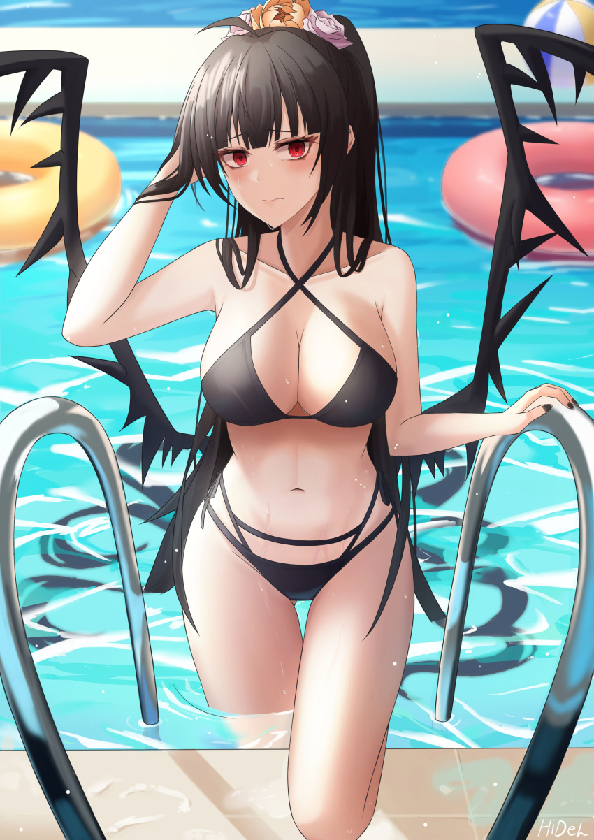 1girl absurdres bangs bikini black_bikini black_hair blue_archive blush breasts cleavage closed_mouth flower hair_flower hair_ornament hidel highres innertube long_hair looking_at_viewer navel pink_flower pink_rose ponytail pool pool_ladder poolside red_eyes rose solo swimsuit thighs tsurugi_(blue_archive) wet wings yellow_flower yellow_rose