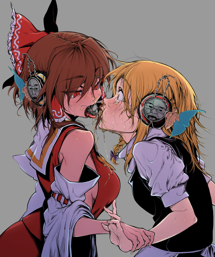 2girls absurdres bangs black_vest blonde_hair bow braid breasts brown_hair bug commentary_request cookie_(touhou) detached_sleeves dutch_angle frilled_bow frilled_hair_tubes frills grey_background hair_bow hair_tubes hakurei_reimu headphones highres holding_another's_wrist kirisame_marisa long_hair looking_at_another manatsu_no_yo_no_inmu medium_breasts multiple_girls open_mouth purple_bow real_life red_bow red_eyes red_shirt red_skirt reu_(cookie) ribbon-trimmed_sleeves ribbon_trim shirt short_hair_with_long_locks side_braid sideboob simple_background single_braid site_supervisor skirt sleeveless sleeveless_shirt toteraba touhou uzuki_(cookie) vest vomit white_shirt white_sleeves you_the_rock