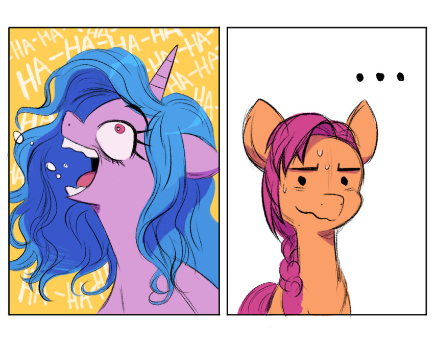 ... blue_hair bodily_fluids duo earth_pony equid equine eyelashes fanzeem female feral hair hasbro horn horse izzy_moonbow_(mlp) laugh mammal mlp_g5 my_little_pony open_mouth orange_body pink_hair pony purple_body sunny_starscout_(mlp) sweat tongue unicorn wavy_mouth