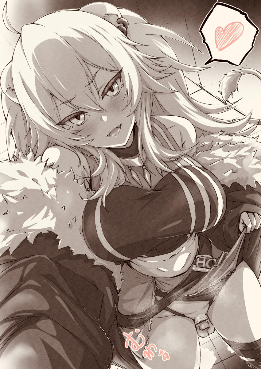 1girl :d absurdres animal_ears bar_censor bare_shoulders blush breasts censored clothes_lift earrings flaccid fur_trim futanari greyscale heart highres hololive jacket jewelry lifted_by_self lion_ears lion_tail looking_at_viewer midriff monochrome navel off_shoulder penis seat shishiro_botan skirt skirt_lift smile solo spoken_heart tail testicles virtual_youtuber wakaba_0922