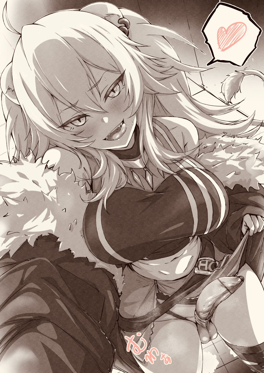 1girl :d absurdres animal_ears bar_censor bare_shoulders blush breasts censored clothes_lift earrings erection fur_trim futanari greyscale heart highres hololive jacket jewelry lifted_by_self lion_ears lion_tail looking_at_viewer midriff monochrome navel off_shoulder penis saliva seat shishiro_botan skirt skirt_lift smile solo spoken_heart tail teeth testicles tongue tongue_out virtual_youtuber wakaba_0922