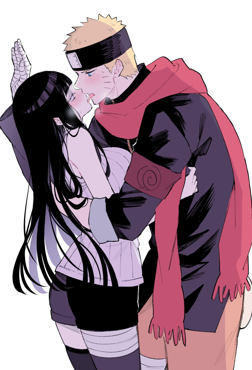 1boy 1girl armband bag bandaged_arm bandages black_hair blonde_hair blush breath couple eye_contact facial_mark french_kiss heavy_breathing highres hug hyuuga_hinata kiss konohagakure_symbol looking_at_another naruto:_the_last naruto_(series) red_scarf saliva satchel scarf short_shorts shorts simple_background sleeveless sweatdrop ting tongue tongue_out uzumaki_naruto whisker_markings