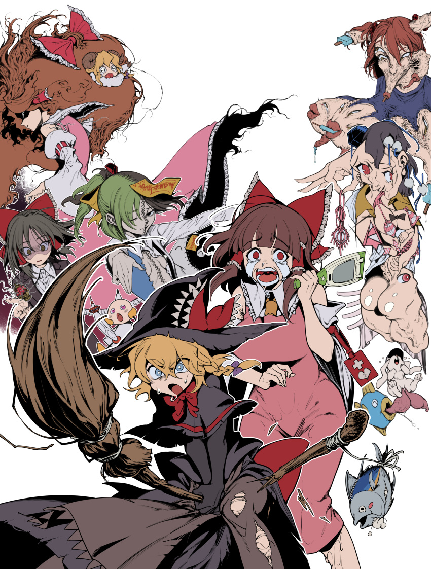 6+girls :&gt;= absurdres apron bangs bikini black_eyes black_hair black_headwear black_jacket black_legwear blazer blonde_hair blue_eyes blunt_bangs bow breasts broom brown_hair bunny closed_mouth commentary_request cookie_(touhou) crying crying_with_eyes_open daiyousei diyusi_(cookie) dress eldritch_abomination extra_eyes extra_mouth eyebrows_visible_through_hair feet_out_of_frame fish frilled_dress frilled_shirt_collar frills grater green_hair grief_seed hair_bow hakurei_reimu hat hat_bow highres holding holding_broom jacket jiangshi kirisame_marisa large_breasts long_hair looking_at_viewer mahou_shoujo_madoka_magica meguru_(cookie) monsterification multicolored_hair multiple_girls necktie office_lady one_eye_closed onozuka_komachi open_mouth outstretched_arms pale_skin pink_apron pink_bikini pink_dress ponytail popsicle_in_mouth purple_bow red_bow red_eyes red_hair rei_(cookie) rurima_(cookie) sananana_(cookie) scared shaded_face shameimaru_aya sheep shishou_(cookie) short_hair simple_background split-color_hair stitched_face stitched_torso streaming_tears sweat swimsuit tears torn_clothes torn_legwear toteraba touhou tuna white_background witch_hat yellow_bow yellow_necktie yuwo_(cookie) zombie_pose