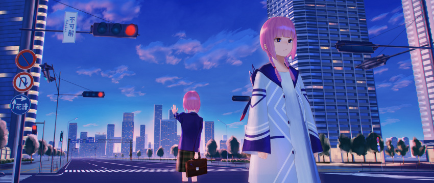 2girls bag blue_eyes blue_jacket blue_sky braid building city ckst closed_mouth cloud coat commentary_request crosswalk dress expressionless fuurin_sou green_skirt highres holding holding_bag jacket kaf_(kamitsubaki_studio) kamitsubaki_studio long_hair long_sleeves multicolored_eyes multiple_girls open_clothes open_coat outdoors pink_hair plaid red_eyes road_sign school_bag school_uniform sign skirt sky sleeves_past_wrists traffic_light tree twin_braids virtual_youtuber white_coat white_dress yellow_pupils