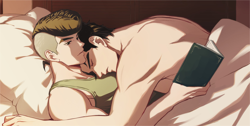 2boys black_hair book haruko_(chikadoh) jojo_no_kimyou_na_bouken jojolion kira_yoshikage_(jojolion) kujo_josefumi male_focus multicolored_hair multiple_boys pillow pompadour reading sleeping topless_male two-tone_hair under_covers undercut yaoi