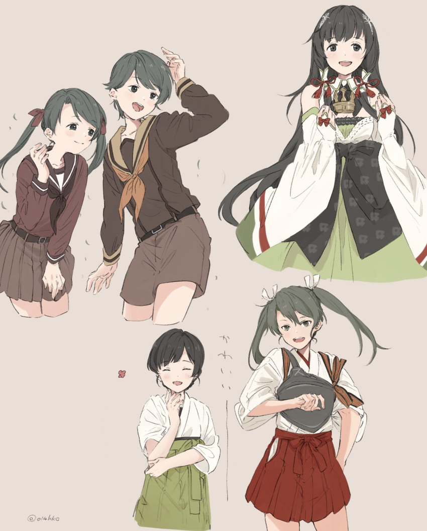 5girls bangs black_hair blush breasts brown_background brown_shorts brown_skirt cleavage closed_eyes detached_sleeves floral_print grey_hair hair_between_eyes hair_ornament hair_ribbon hair_tubes hakama hakama_skirt highres hip_vent japanese_clothes kantai_collection kokko_(014kko) long_hair long_sleeves mikuma_(kancolle) mizuho_(kancolle) mogami_(kancolle) mogami_kai_ni_(kancolle) multiple_girls muneate neckerchief open_mouth pleated_skirt red_ribbon ribbon short_hair shorts sidelocks simple_background skirt smile suspender_shorts suspenders symbol-only_commentary tasuki twintails twitter_username un'you_(kancolle) very_long_hair white_ribbon wide_sleeves yawata_maru_(kancolle) zuikaku_(kancolle)